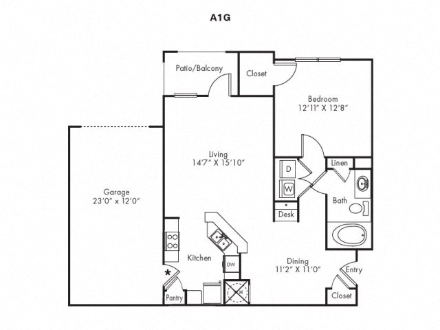 Floor plan for 1 bed, 1 bath, 890 sqft